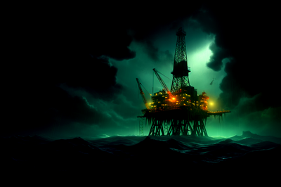 an isolated oil rig in the middle of the dark North Sea. The rig, labelled "441", should be under a stormy sky, with lightning illuminating the surroundings. Emerging from the tumultuous waters below, depict a spectral figure, a mix of drowned man and deep-sea creature, glowing with an ethereal light. The figure should bear faces of fear-stricken men, symbolizing the lost crew members. The sea around the rig should appear to bubble and boil, adding an element of menace and otherworldliness to the scene.